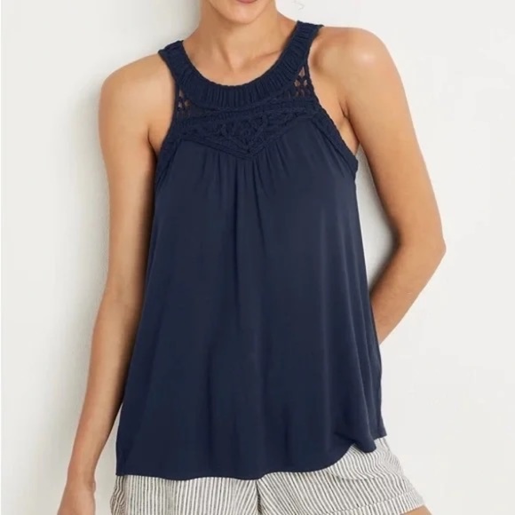 Maurices Festival Crochet Lace Neck Boho Knit Tank Top Plus Size 0X Navy Blue - Picture 1 of 7